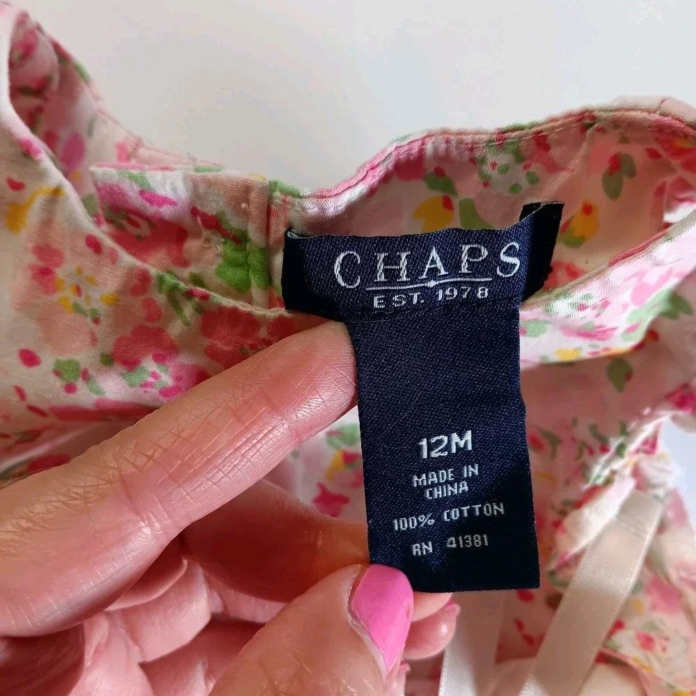 Chaps Baby Girls Floral Dress 12M Pink Yellow Ruffle Bow Easter‎ Spring Cottage